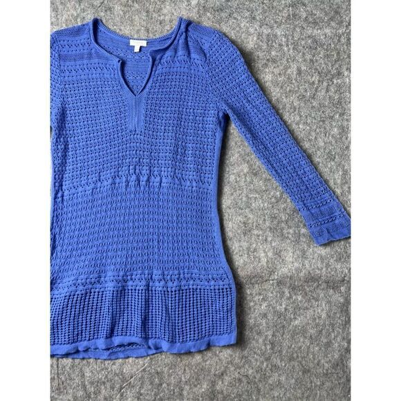 Talbots Sweater Women's Small Blue 100% Cotton Crochet Long Sleeve V-Neck Slit - Picture 10 of 10